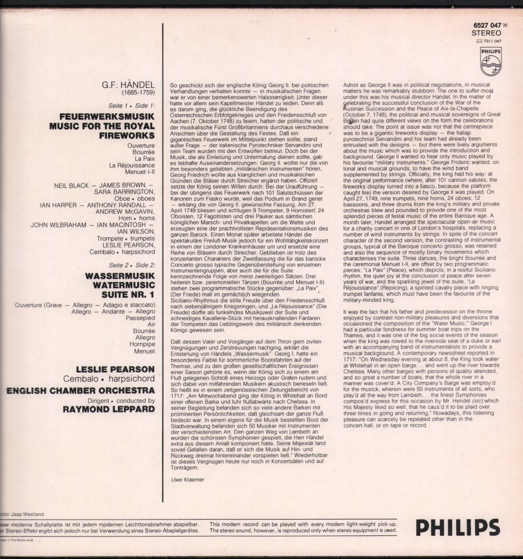 Raymond Leppard / English Chamber Orchestra - Handel - Feuerwerksmusik / Wassermusik (Suite) - Lp