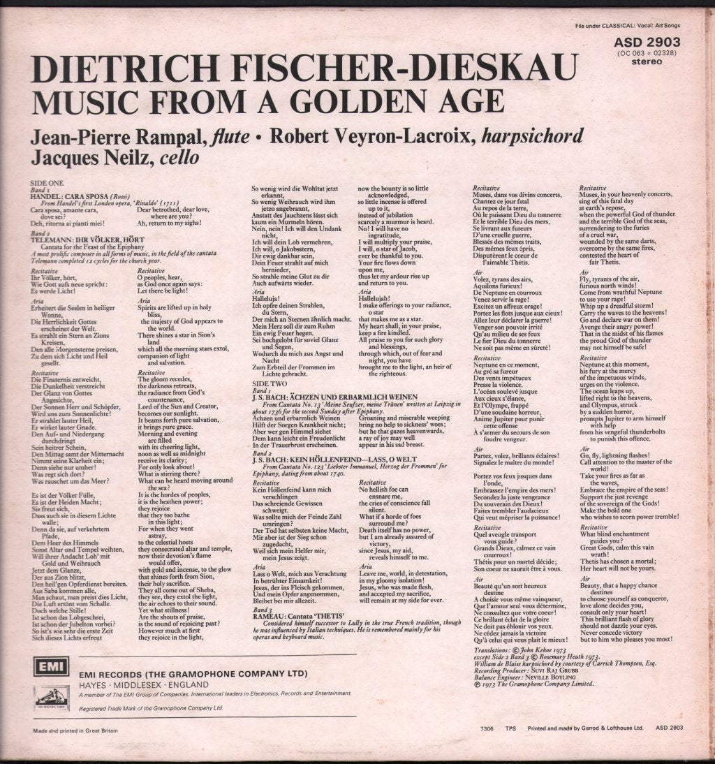 Dietrich Fischer-Dieskau / Jean-Pierre Rampal / Robert Veyron-Lacroix / Jacques Neilz - Music From A Golden Age - Lp