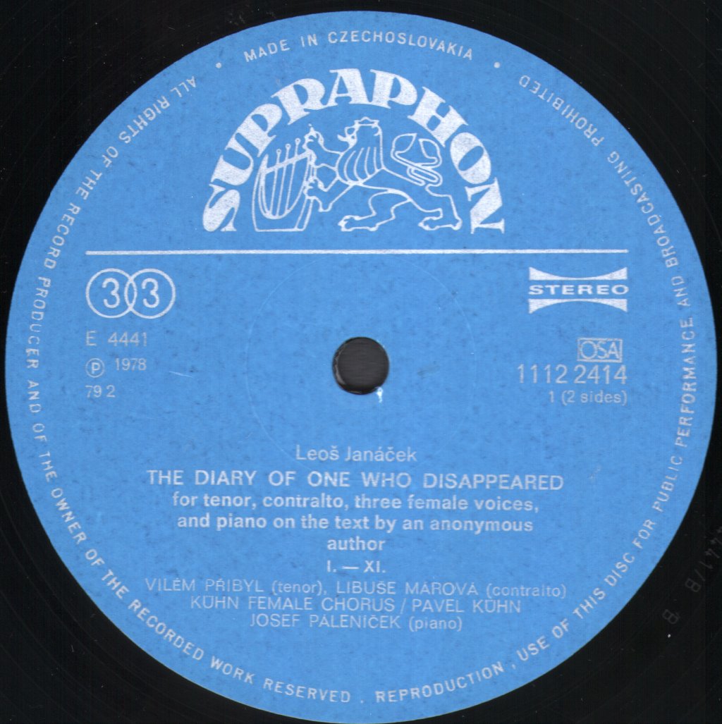 Vilem Pribyl / Libuse Marova / Kuhn Female Choir / Pavel Kuhn / Josef Palenicek - Diary Of One Who Disappeared - Lp