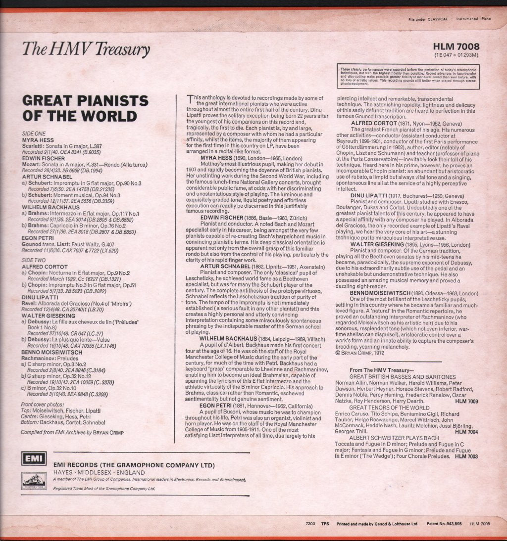 Various Artists - Great Pianists Of The World - Lp