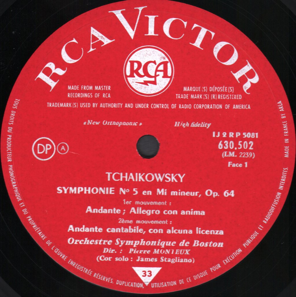 Pierre Monteux / Boston Symphony Orchestra - Tchaikowsky - Symphony No. 5 - Lp