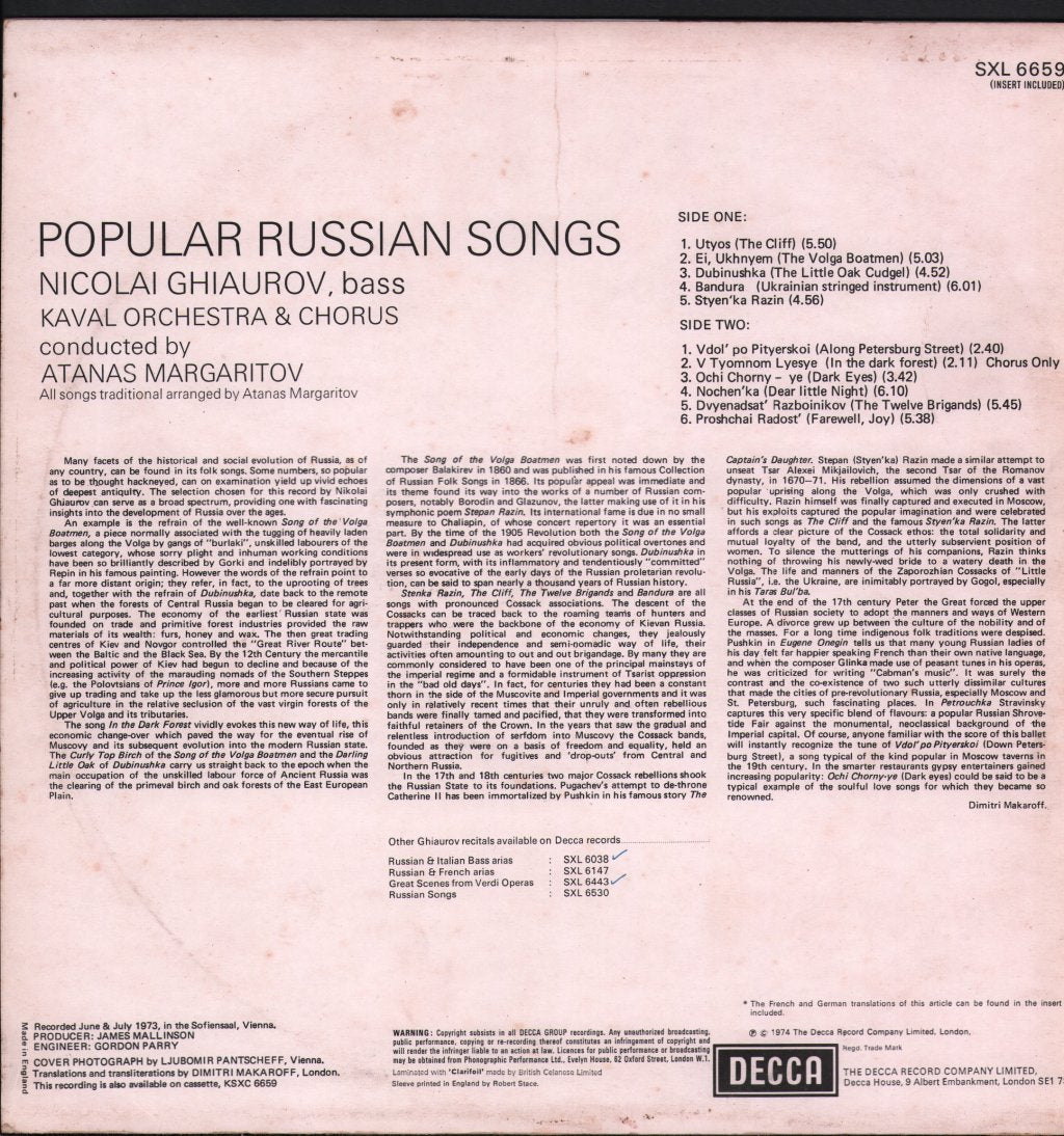Nicolai Ghiaurov / Kaval Chorus & Orchestra / Atanas Margaritov - Popular Russian Songs - Lp