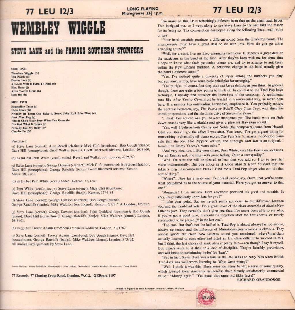 Steve Lane And The Famous Southern Stompers - Wembley Wiggle - Lp