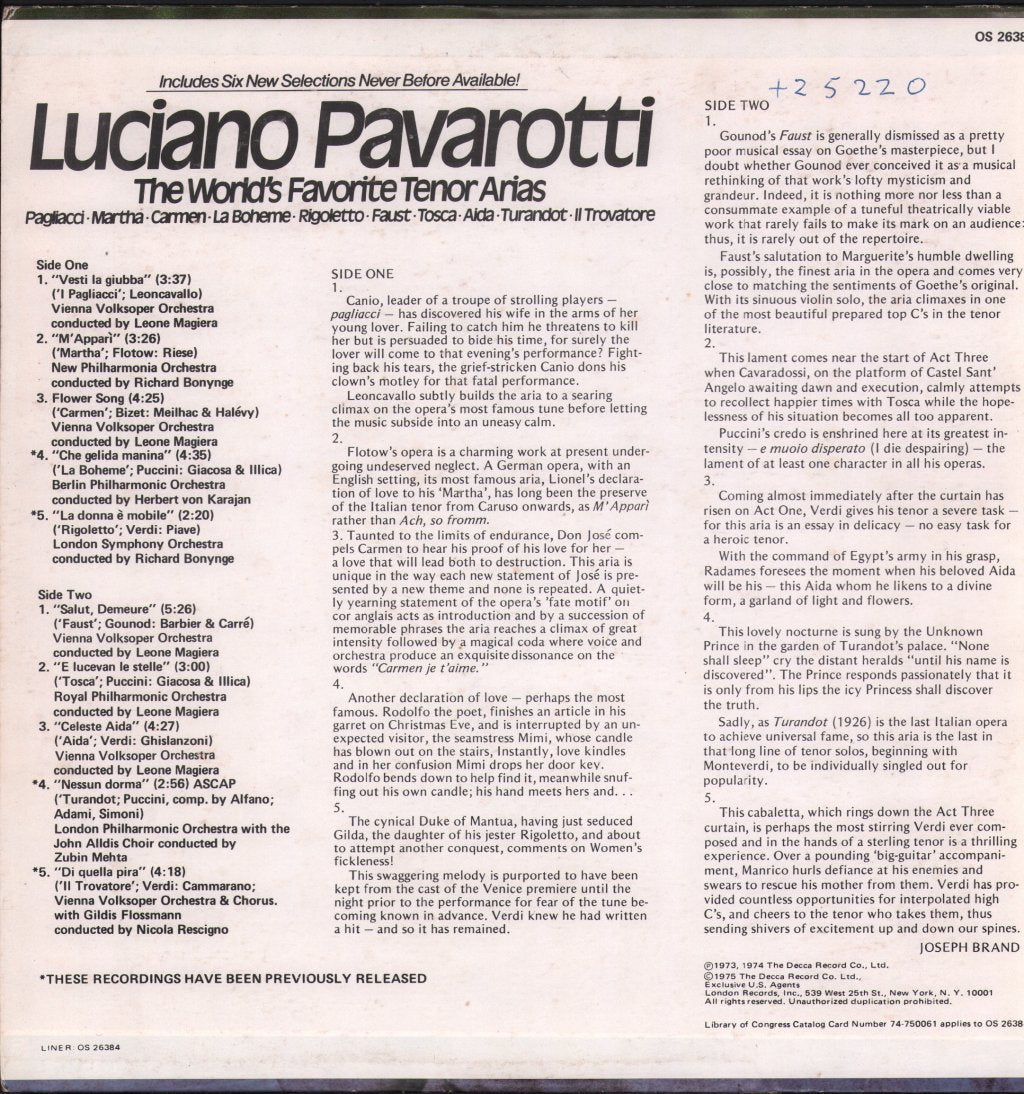 Luciano Pavarotti - World's Favorite Tenor Arias - Lp