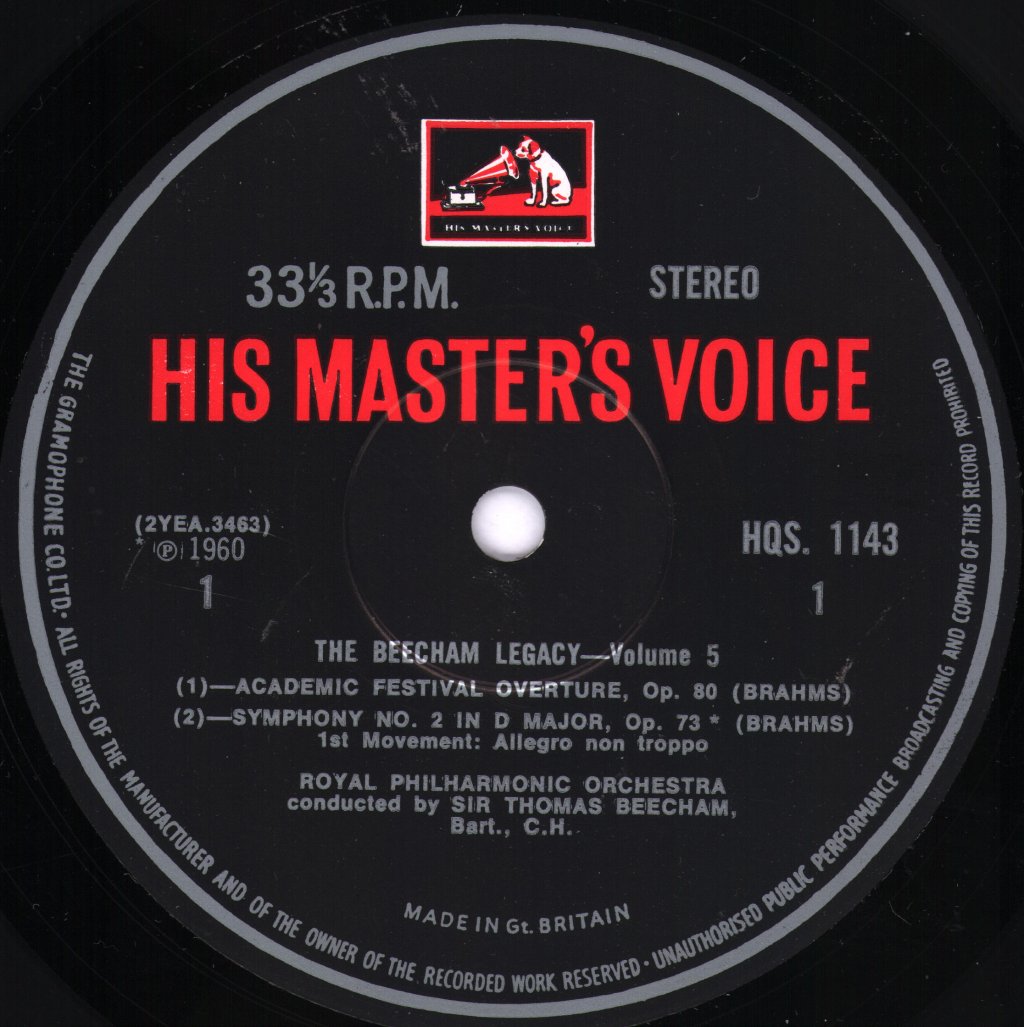 Sir Thomas Beecham / Royal Philharmonic Orchestra - Brahms  - Symphony No. 2 In D / Academic Festival Overture - Lp