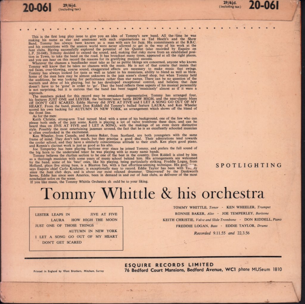 Tommy Whittle & His Orchestra - Spotlighting - 10 Inch