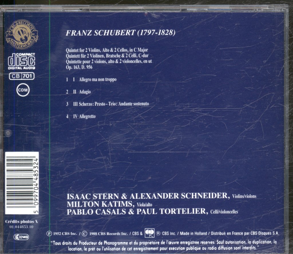Isaac Stern, Alexander Schneider, Pablo Casals etc - Schubert - Quintet Op. 163 D. 956 - Cd