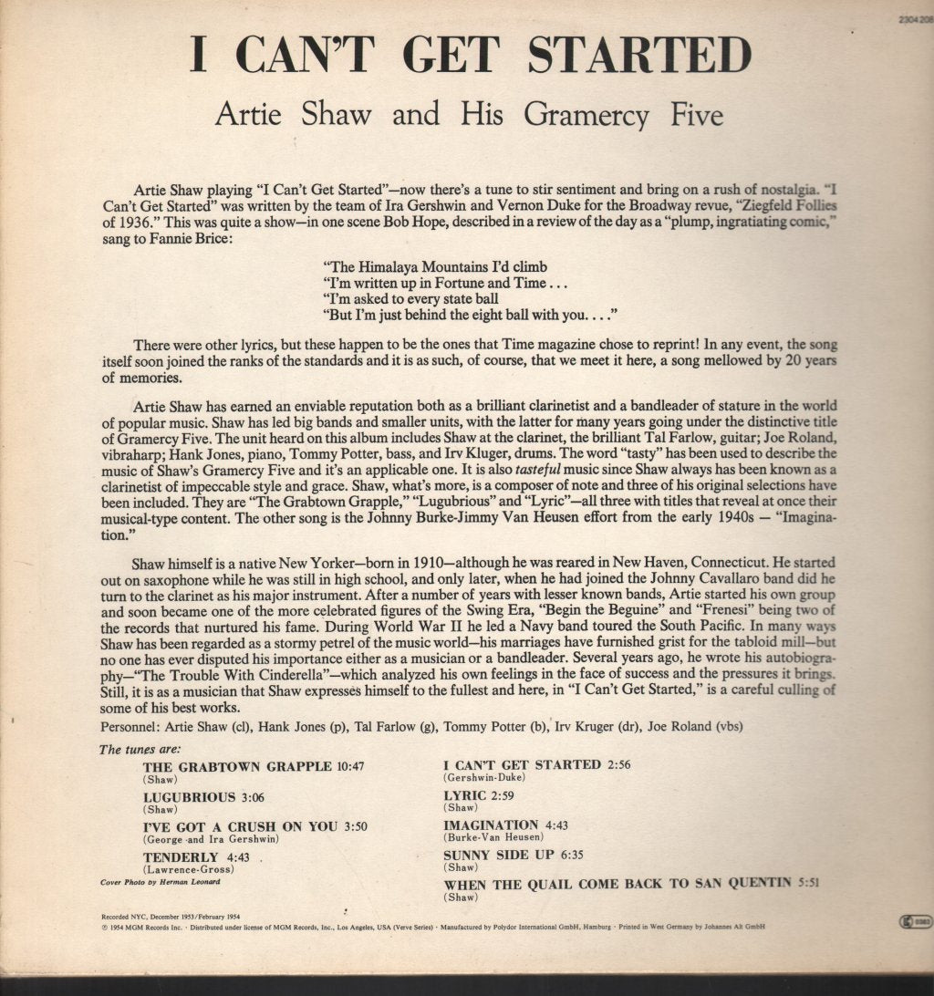 Artie Shaw And His Gramercy Five - I Can't Get Started... - Lp