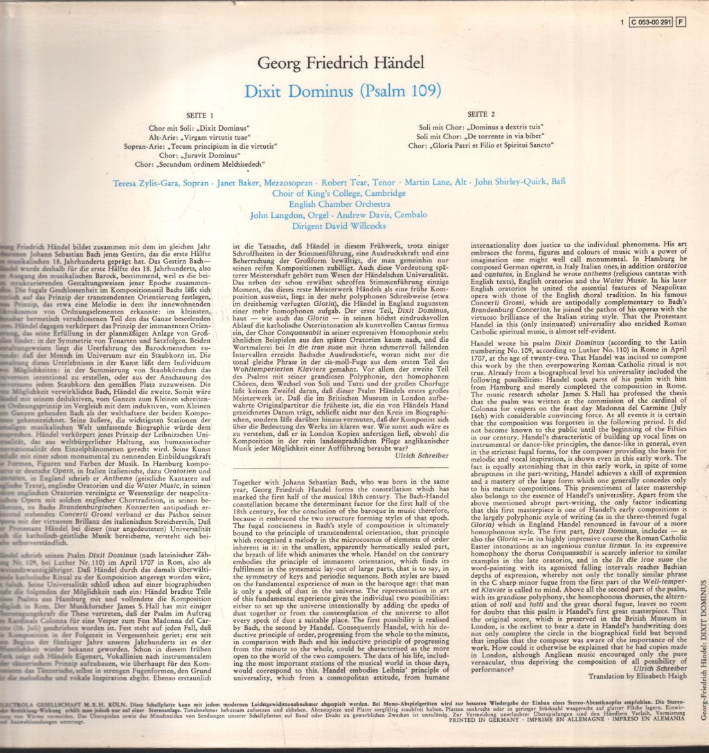 Teresa Zylis-Gara / Janet Baker / Martin Lane / David Willcocks / E.C.O. - Handel - Dixit Dominus Psalm 109 - Lp
