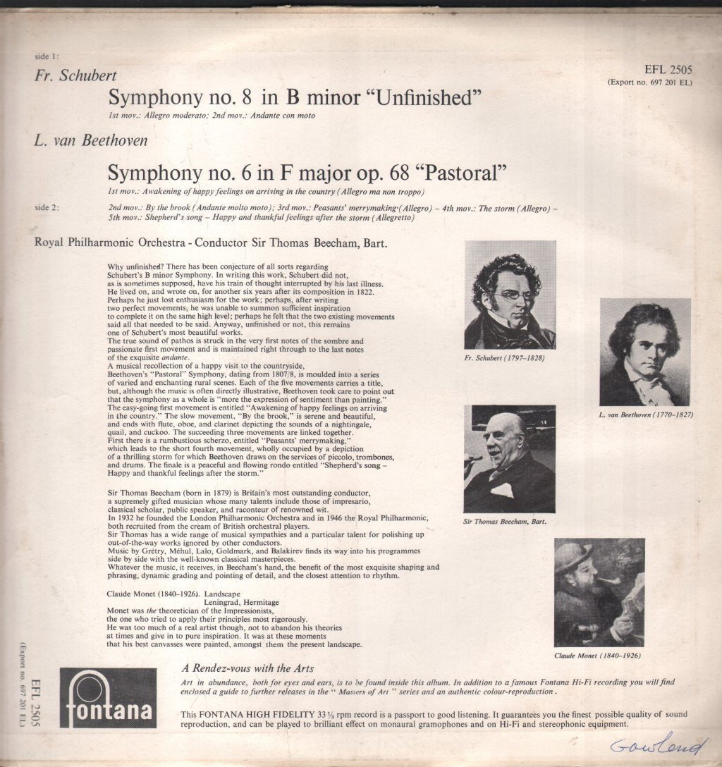 Sir Thomas Beecham / Royal Philharmonic Orchestra - Schubert - Symphony No. 8 "Unfinished" / Beethoven - Symphony No.6 "Pastoral" - Lp