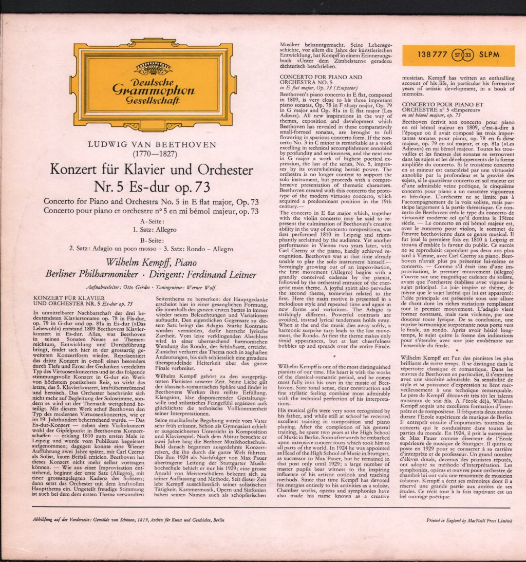 Wilhelm Kempff / Ferdinand Leitner - Beethoven - Piano Concerto No.5 In E Flat Major - Lp