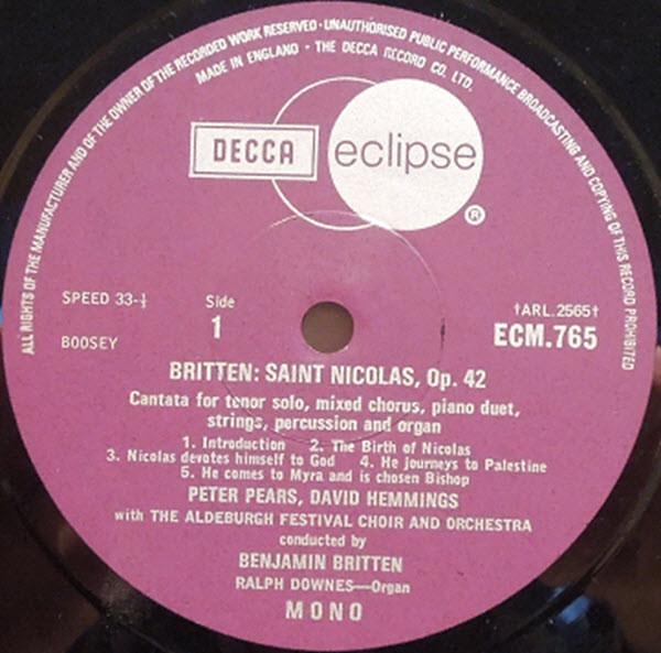 aldeburgh festival choir and orchestra - britten Saint Nicolas - Lp