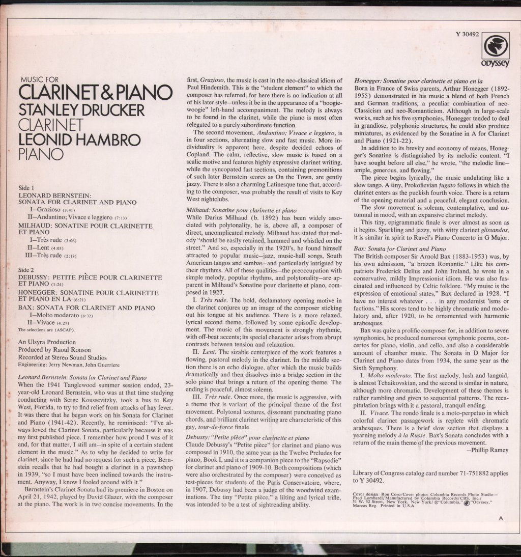 Stanley Drucker / Leonid Hambro - Music For Clarinet & Piano - Lp