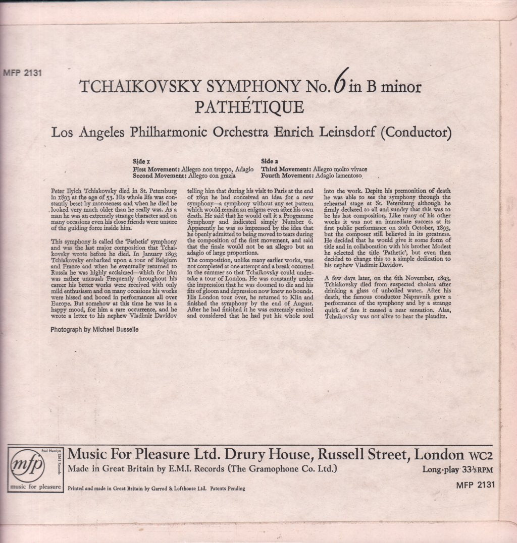 Erich Leinsdorf - tchaikovsky Symphony No. 6 In B Minor Pathetique - Lp