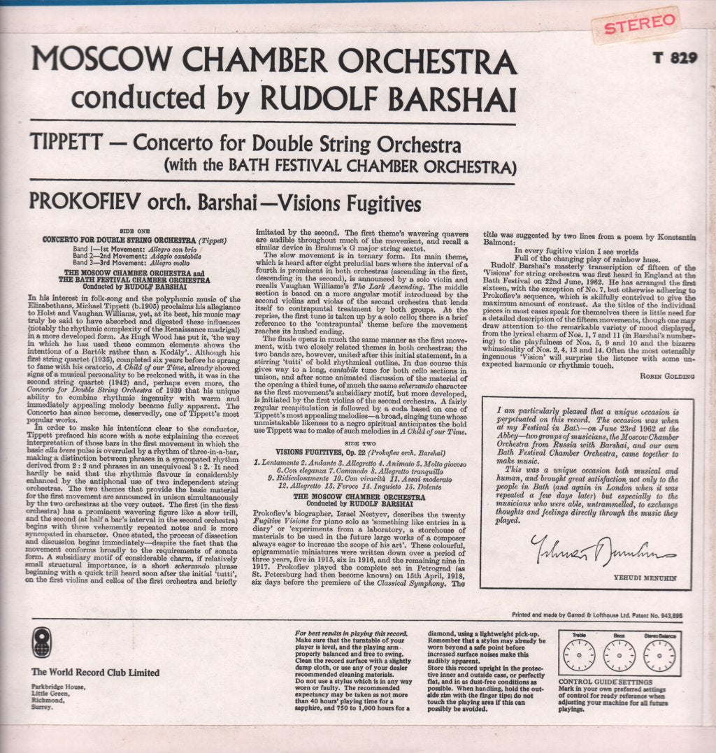 Sir Michael Tippett - Concerto For Double String Orchestra Visions Fugitives - Lp