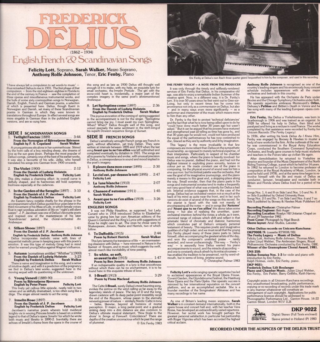 Felicity Lott / Sarah Walker / Anthony Rolfe Johnson / Eric Fenby - Frederick Delius - English, French & Scandinavian Songs - Lp