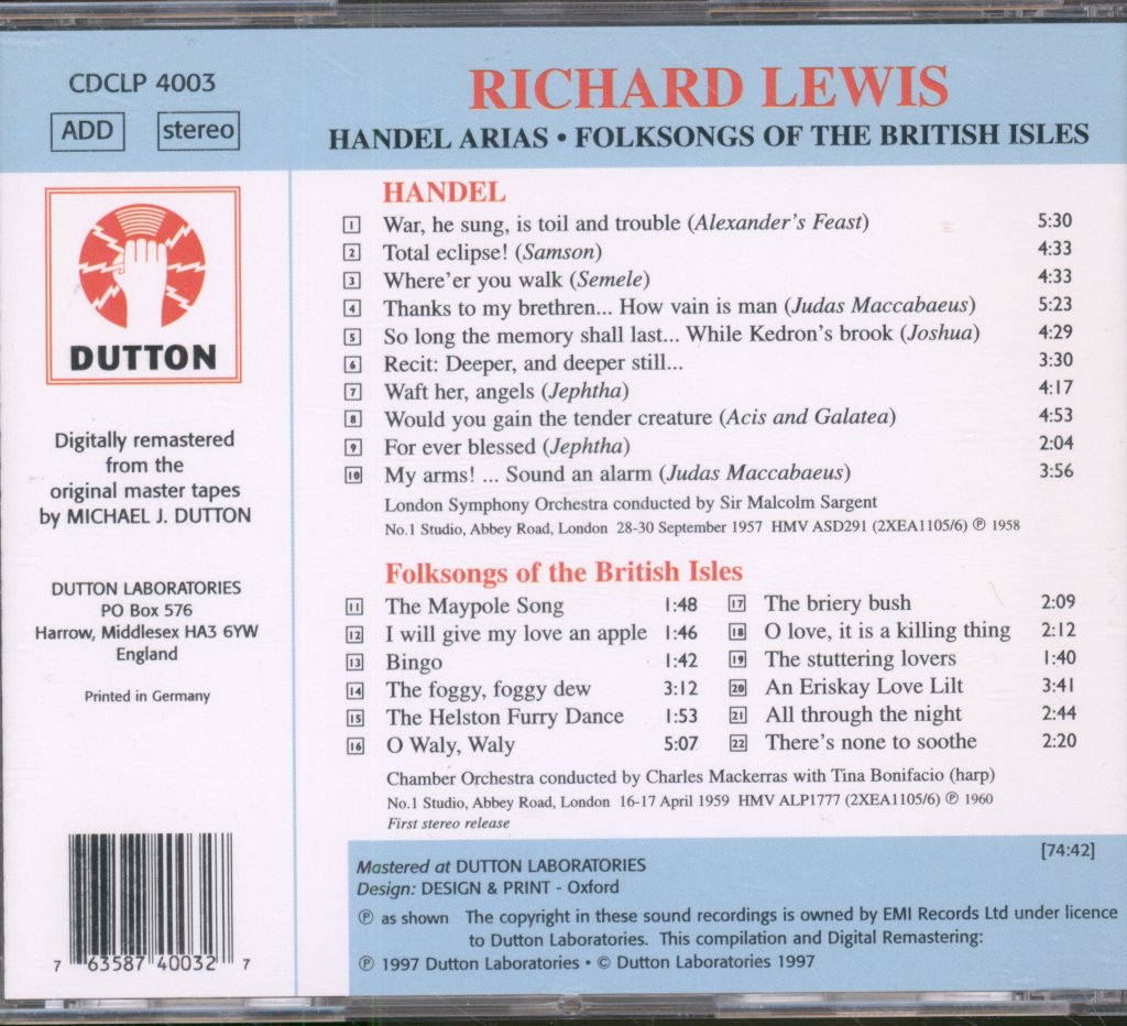 Richard Lewis (3) - Handel Arias Folksongs of The British Isles - Cd