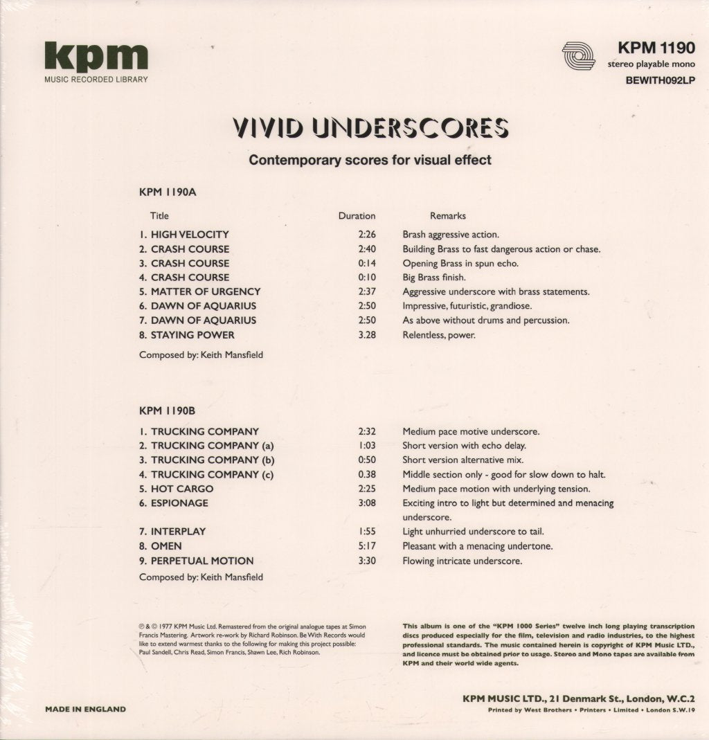 Keith Mansfield - Vivid Underscores - Lp
