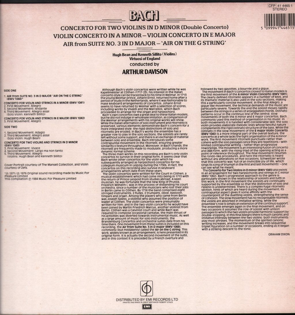 Hugh Bean / Kenneth Sillito / Virtuosi Of England - Bach - Concerto For Two Violins In D Minor - Lp