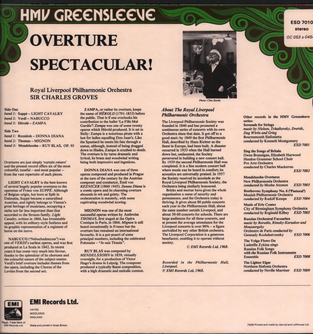 Sir Charles Groves / Royal Liverpool Philharmonic Orchestra - Overture Spectacular! - Lp