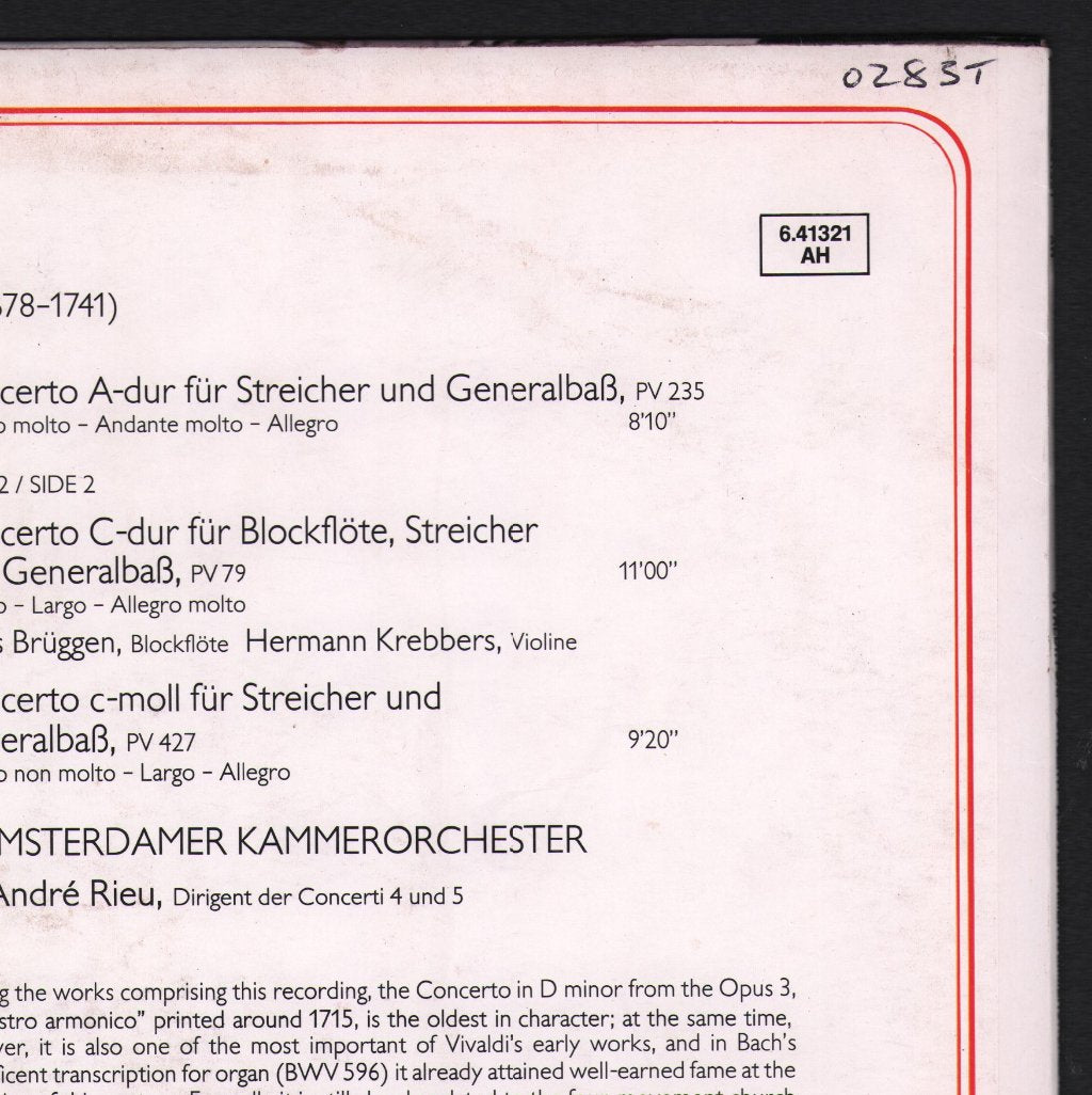 Hermann Krebbers / Frans Bruggen / Gustav Leonhardt - Antonio Vivaldi - Fünf Concerti - Lp