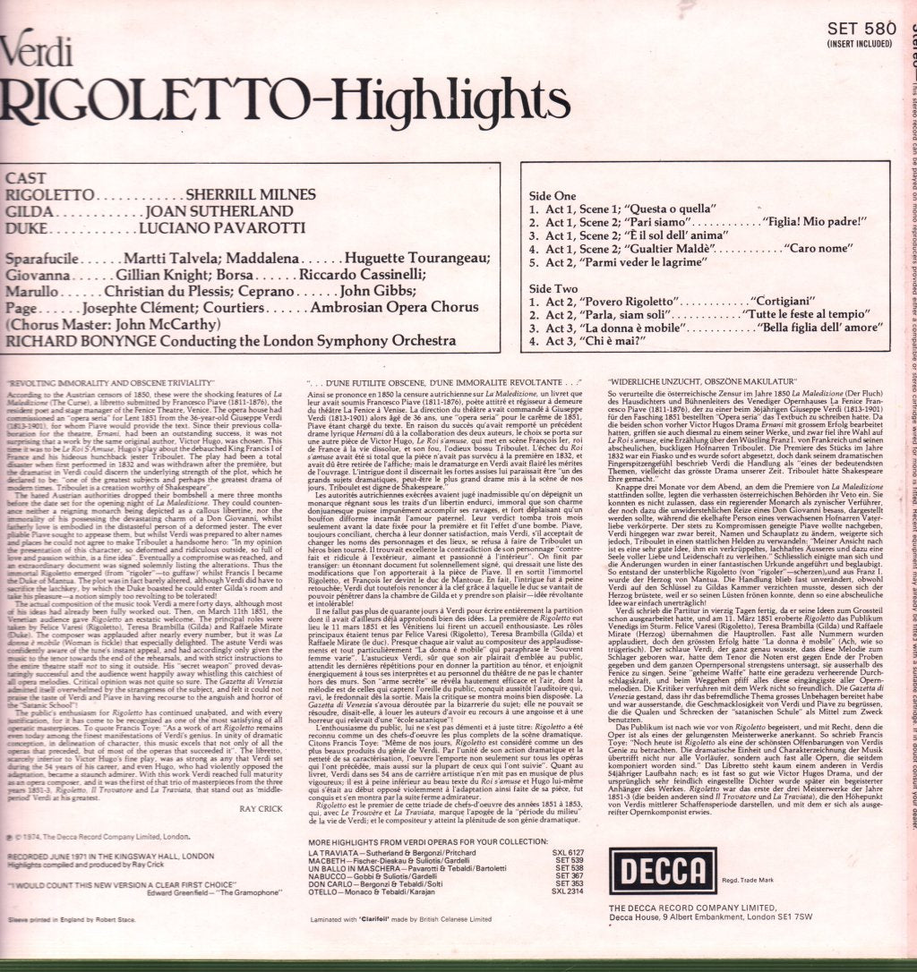 Verdi - Rigoletto Highlights - Lp