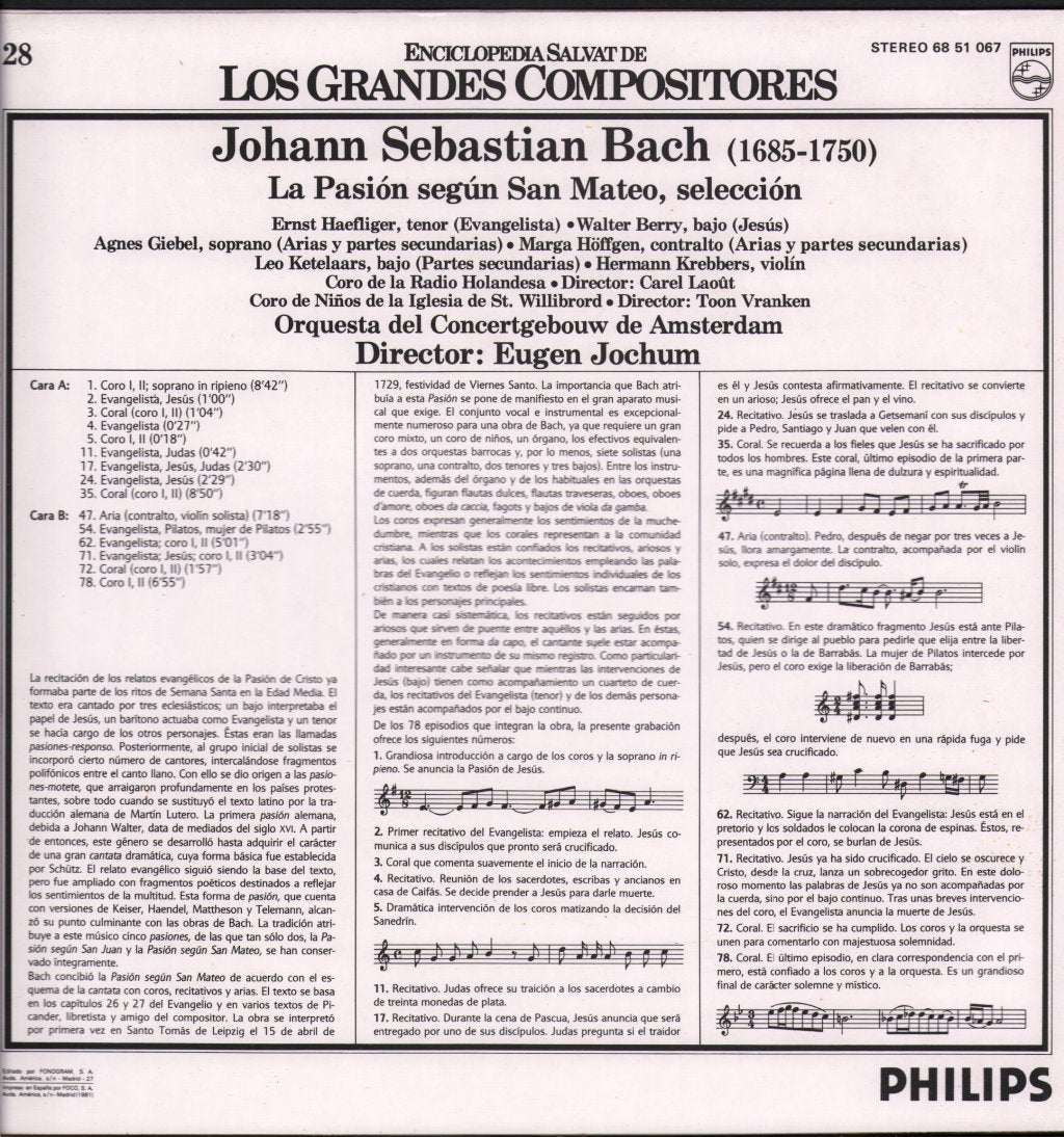Eugen Jochum / Orquesta Del Concertgebouw De Amsterdam - J. S. Bach - La Pasion Segun San Mateo, Selección - Lp