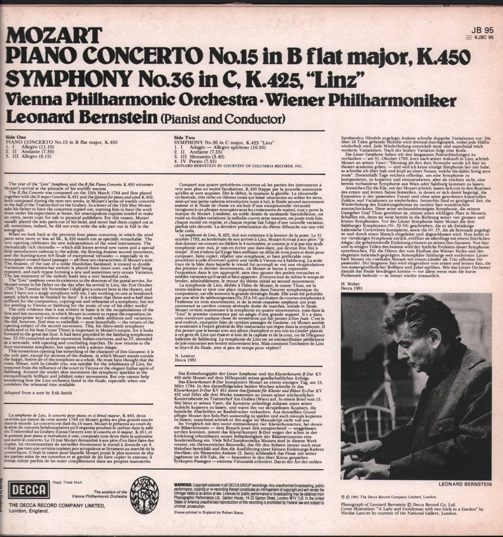 Leonard Bernstein / Vienna / Wiener Philharmonic - Mozart - Piano Concerto No 15 / Symphony No 36 - Lp