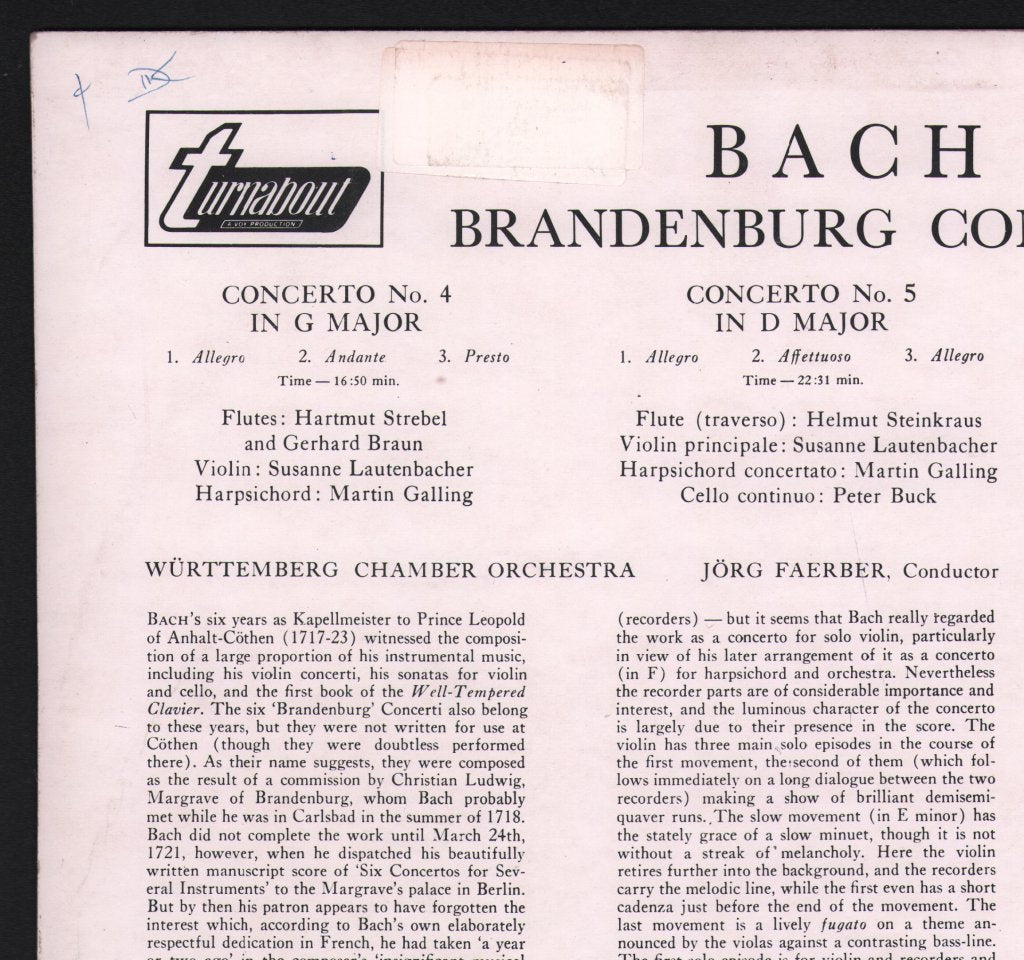 Susanne Lautenbacher / Martin Galling / Wurttemberg Chamber Orchestra - Bach - Brandenburg Concerti - Lp