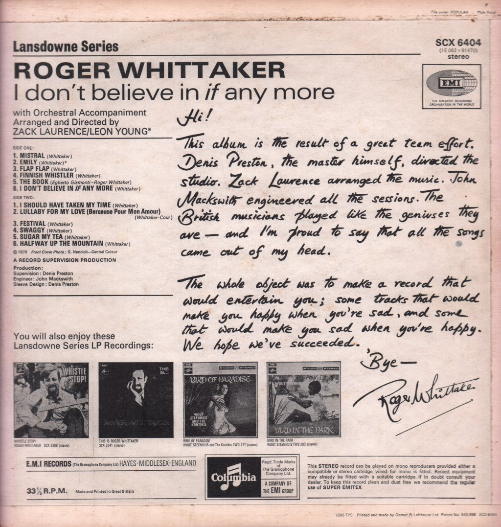 Roger Whittaker - I Don't Believe In If Any More - Lp