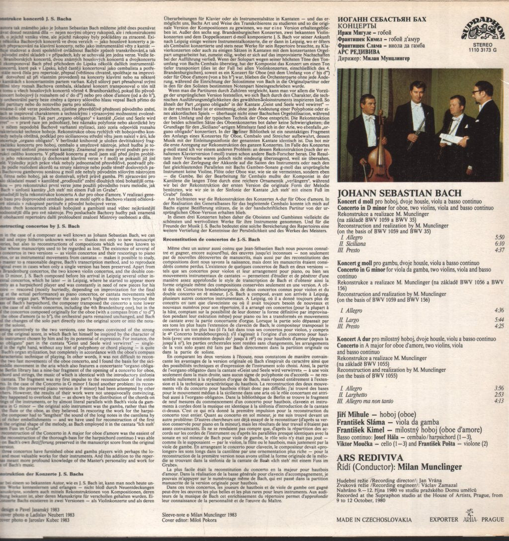 Jiri Mihule / Frantisek Kimel / Frantisek Slama / Ars Rediviva Ensemble - Bach - Concertos - Lp