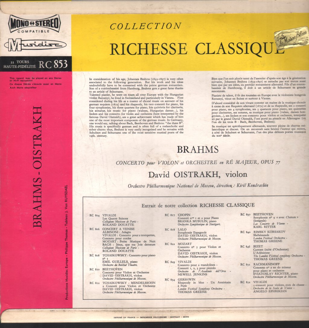 David Oistrakh / Kiril Kondrashin / Orchestre Philharmonique National De Moscou - Brahms - Concerto Pour Violon Et Orchestre En Ré Majeur Opus 77 - Lp