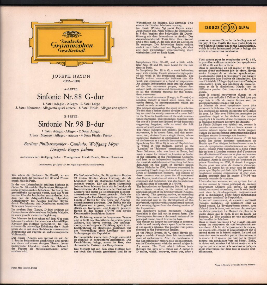Eugen Jochum / Berliner Philharmoniker - Joseph Haydn - Sinfonien Nr. 88 G-dur Und Nr. 98 B-dur - Lp