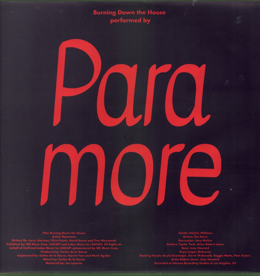 David Byrne / Paramore - Hard Times / Burning Down The House - 12 Inch