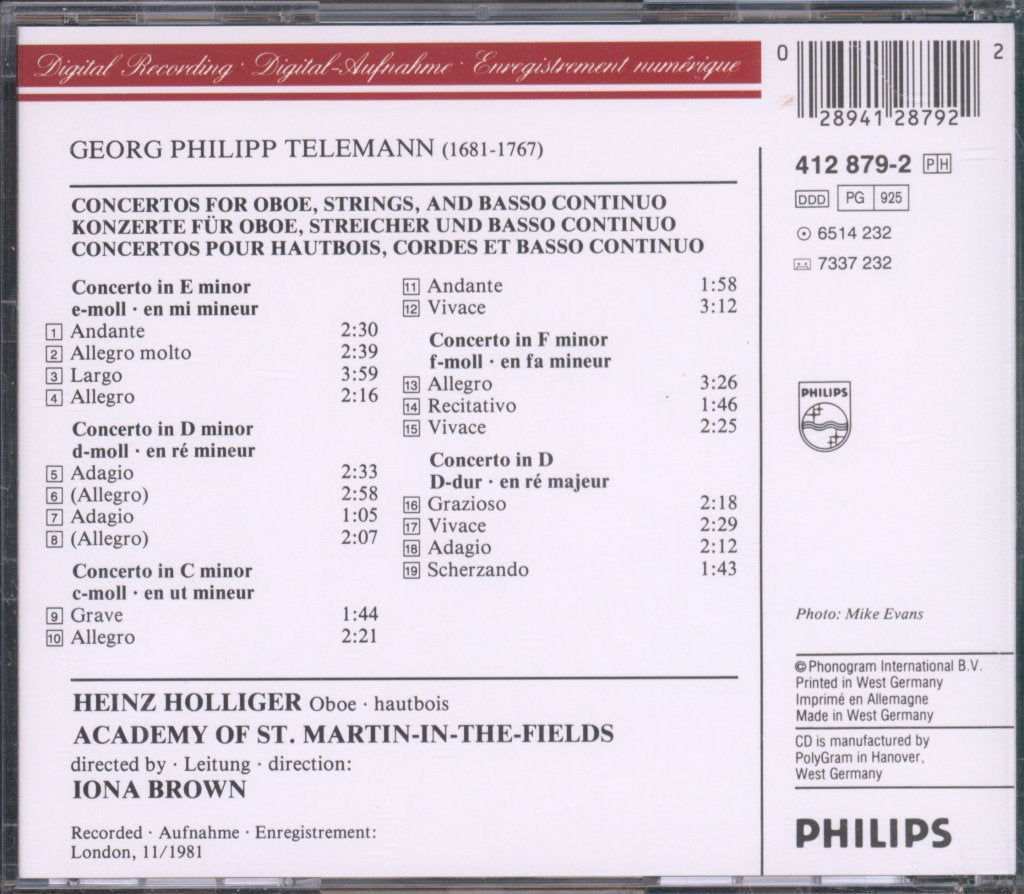 Heinz Holliger, Academy Of St. Martin-in-the-Fields - Telemann - Concerti Per Oboe - Cd