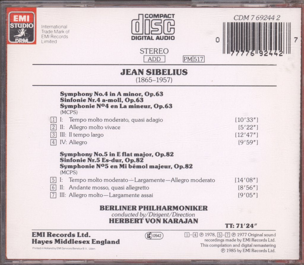 Berliner Philharmoniker, Herbert von Karajan - Sibelius - Symphonies 4&5 - Cd