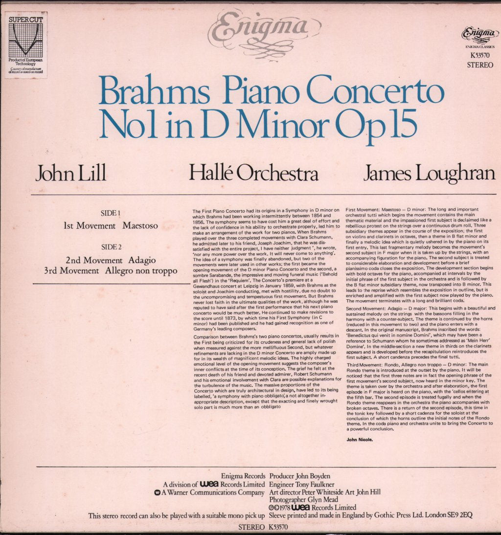 John Lill / James Loughran / Halle Orchestra - Brahms - Piano Concerto Nr. 1 in D Minor Op. 15 - Lp