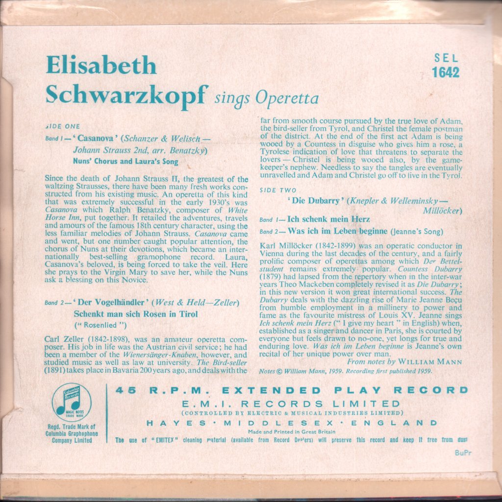 Elisabeth Schwarzkopf - Casanova Dubarry Etc - 7 Inch