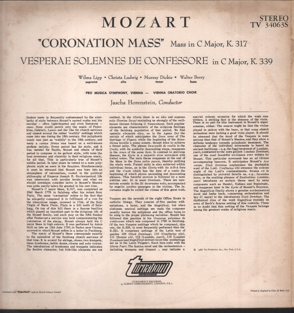 Jascha Horenstein / Pro Musica Symphony - Mozart - Coronation Mass Vesperae Solemnes De Confessore - Lp