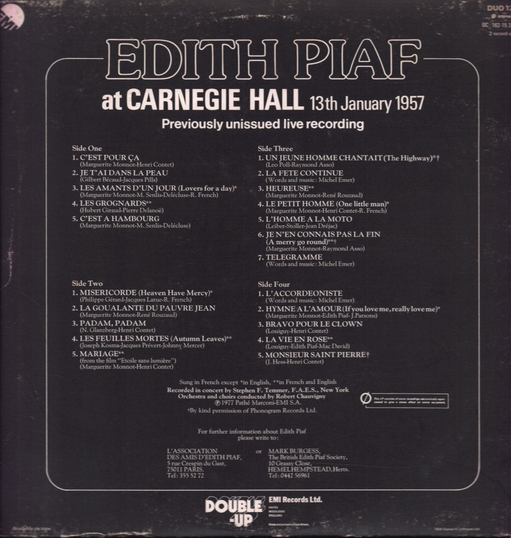 Edith Piaf - Edith Piaf At Carnegie Hall (13th January 1957) - Double Lp