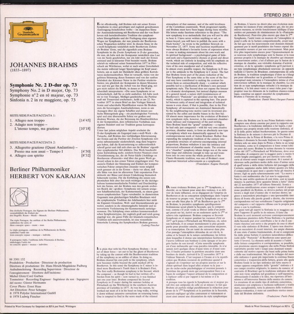 Herbert Von Karajan / Berliner Philharmoniker - Johannes Brahms - Symphonie No. 2 - Lp