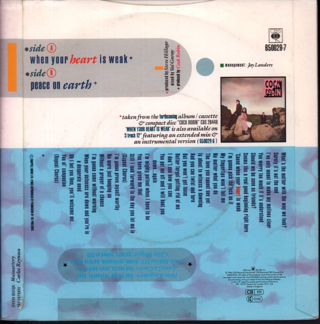 Cock Robin - When Your Heart Is Weak - 7 Inch