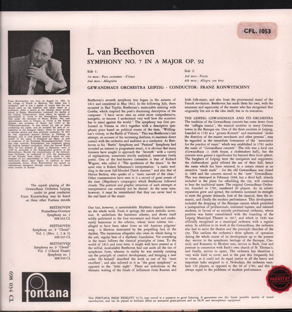 Gewandhaus Orchestra Leipzig / Franz Konwitschny - Beethoven - Symphony No 7 In A, Op.92 - Lp