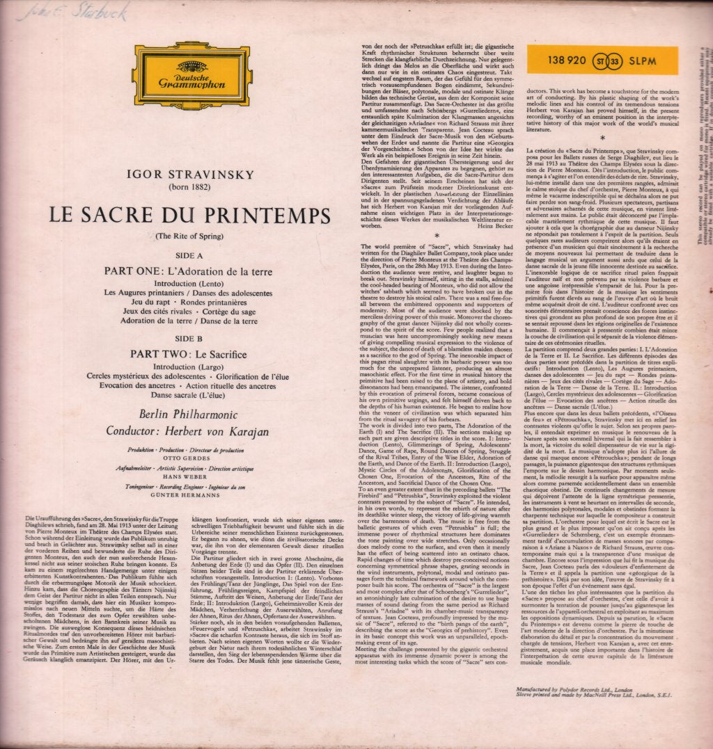 Herbert Von Karajan - stravinsky Le Sacre Du Printemps - Lp