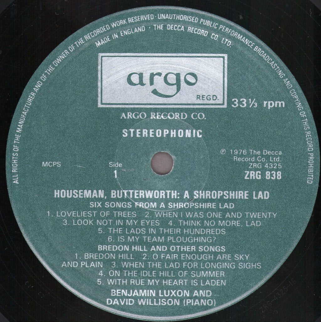 Benjamin Luxon / David Willison - A Shropshire Lad And Other Songs - Lp