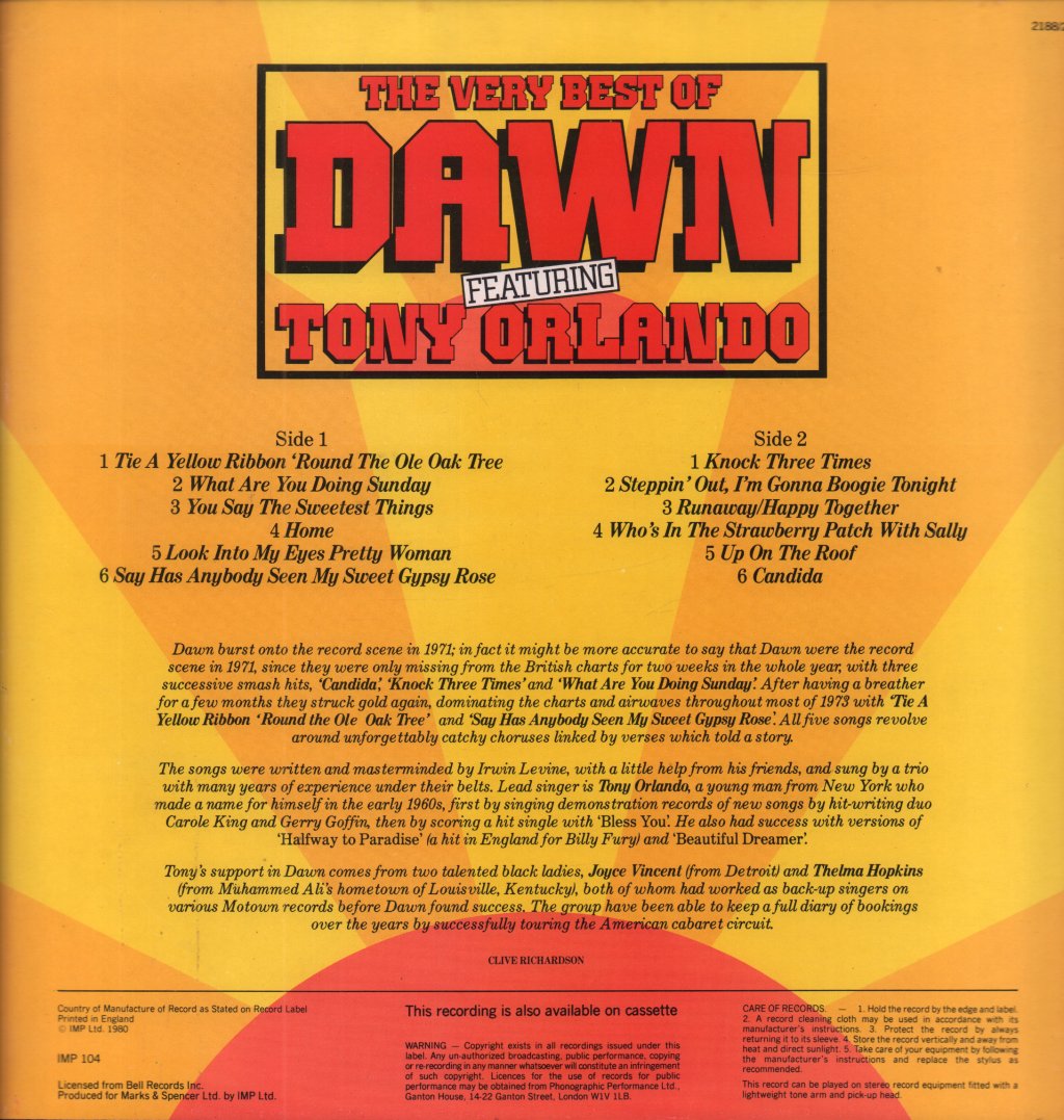 Dawn Featuring Tony Orlando - Very Best Of - Lp