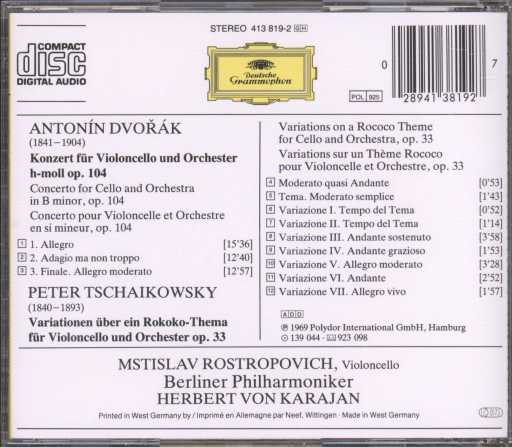 Berliner Philharmoniker • Mstislav Rostropovich • Herbert von Karajan - Dvořák / Tchaikovsky - Cellokonzert • Rokoko-Variationen - Cd
