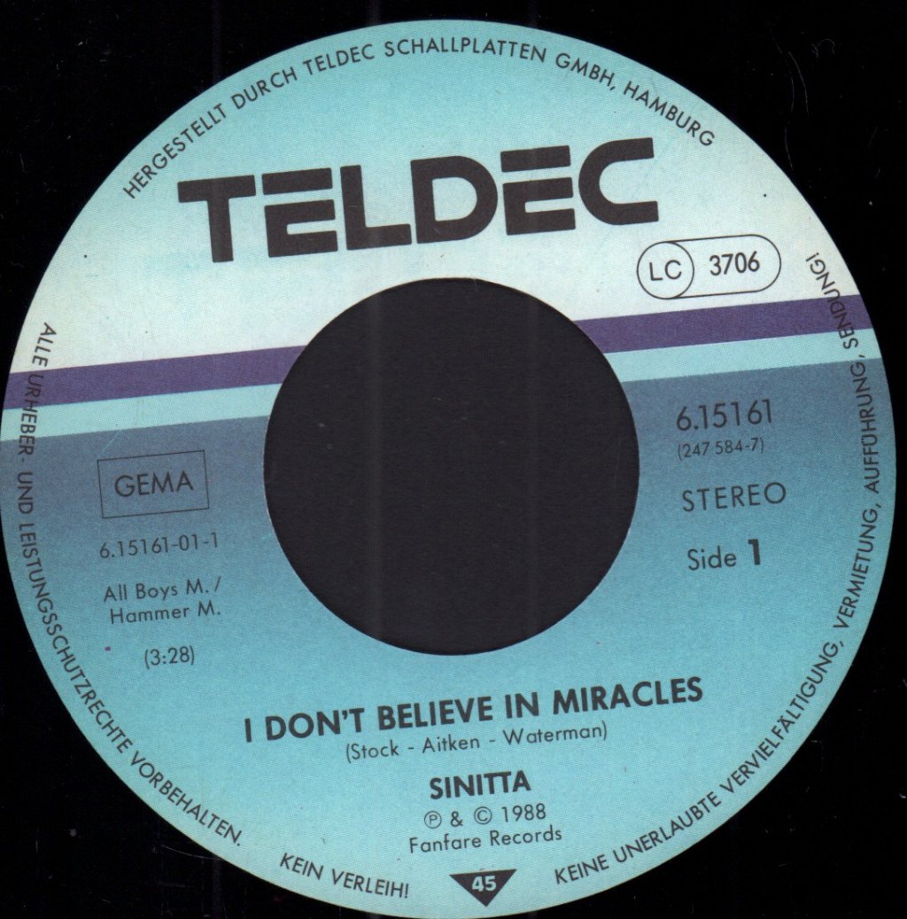 Sinitta - I Don't Believe In Miracles - 7 Inch