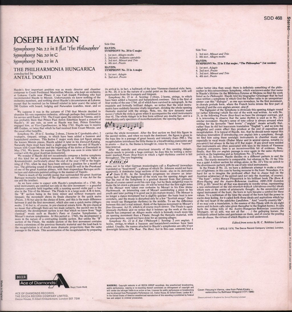 Antal Dorati / Philharmonia Hungarica - Joseph Haydn - Symphony No. 22 In E Flat "The Philosopher" / Symphony No. 20 In C / Symphony No. 21 In A - Lp