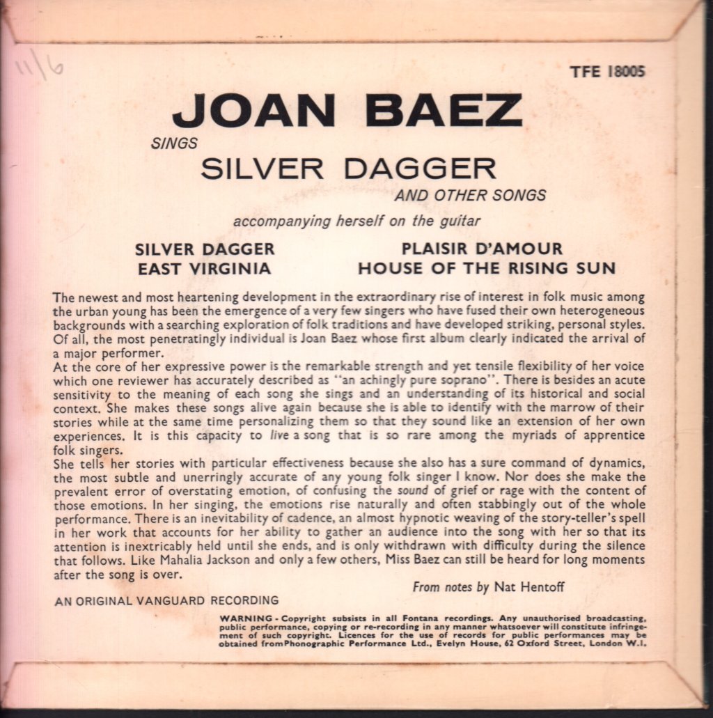 Joan Baez - Sings Silver Dagger And Other Songs - 7 Inch